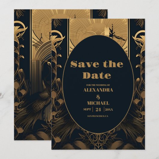 Elegante Art Deco Save The Date (Vorne/Hinten)