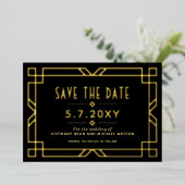 Elegante Art Deco Save the Date Black Gold Card Folieneinladung (Stehend vorne)