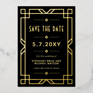 Elegante Art Deco Save the Date Black Gold Card Folieneinladung