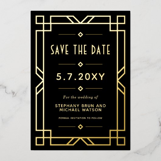Elegante Art Deco Save the Date Black Gold Card Folieneinladung (Vorderseite)