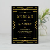 Elegante Art Deco Save the Date Black Gold Card Folieneinladung (Stehend vorne)