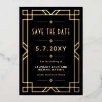 Elegante Art Deco Save-the-Date-Karte in Schwarz u