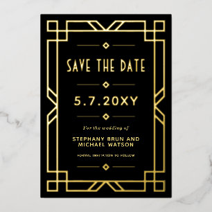 Elegante Art Deco Save-the-Date-Karte in Schwarz u Folieneinladung
