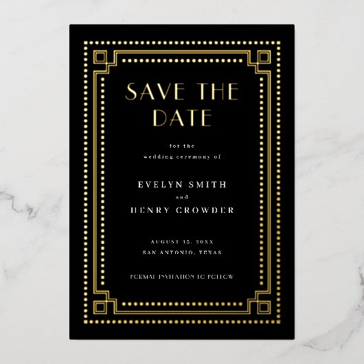 Elegante Art Deco Save the Date Karte mit Grenzen (Vorderseite)