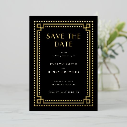 Elegante Art Deco Save the Date Karte mit Grenzen (Stehend vorne)