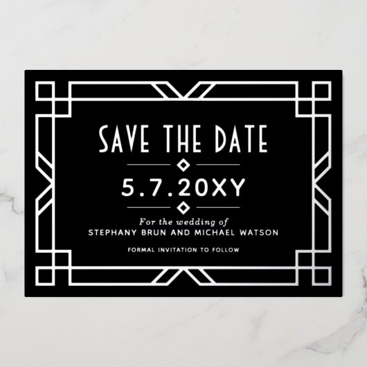 Elegante Art Deco Save the Date Schwarze Silberkar Folieneinladung (Vorderseite)