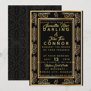 Elegante Art Deco schwarze goldene Hochzeitseinlad Einladung