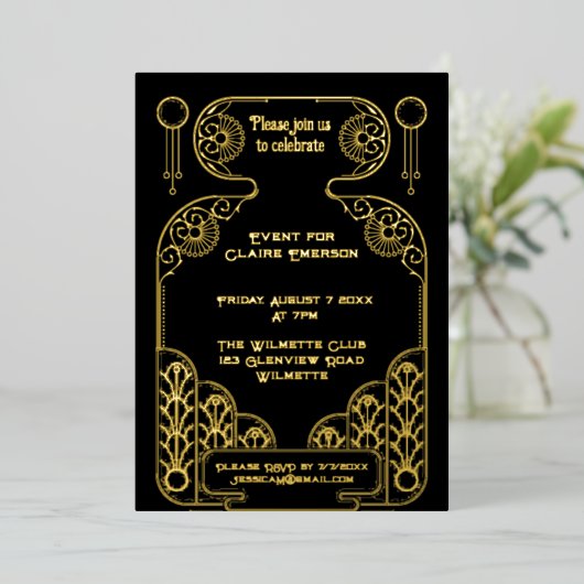 Elegante Art Deco verzierter Rahmen Folieneinladung (Stehend vorne)