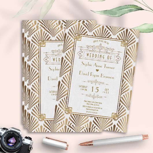 Elegante Art Deco White Gold Gatsby 20 Hochzeit Einladung