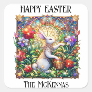Elegante Art Nouveau Bunny Garden Ostern Quadratischer Aufkleber
