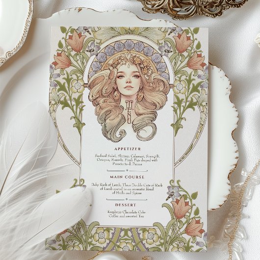Elegante Art Nouveau Floral Wedding Menu Karte