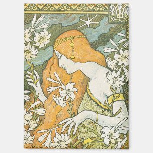 Elegante Art Nouveau Frau Weiße Lilie Illustration Magnet