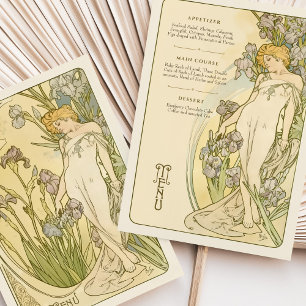 Elegante Art Nouveau Iris Floral Goddess Menu Card Einladung