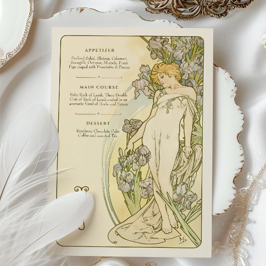 Elegante Art Nouveau Iris Floral Goddess Menu Card Einladung