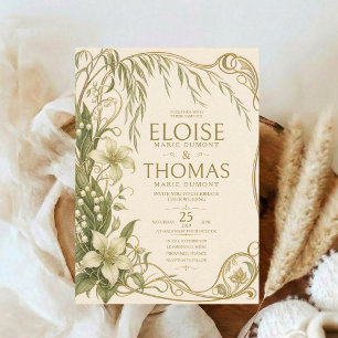 Elegante Art Nouveau-Lilien-Hochzeit Vintage-Botan Einladung