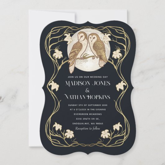 Elegante Art Nouveau Owls QR Code Hochzeit Einladung (Vorderseite)