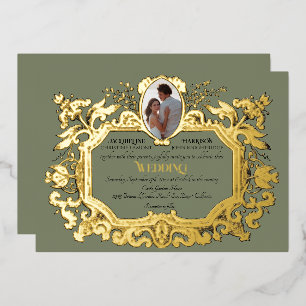 Elegante Art Nouveau Rokoko Foto Salbei Hochzeit Folieneinladung