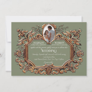 Elegante Art Nouveau Rokoko Gold Salbei Foto-Hochz Einladung