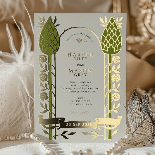 Elegante Art Nouveau Thistle Golfen Hochzeit Folieneinladung