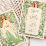 Elegante Art Nouveau Wedding Menu Card mit Goddess Einladung<br><div class="desc">Mit dieser im Jugendstil inspirierten Speisekarte, die eine gottesähnliche Figur in fließendem Weiß und Grün, umgeben von floralen und weinreichen Mustern, darstellt, können Sie Ihre Hochzeitsdekoration noch verstärken. Die sanften Grüntöne, Elfenbein und goldenen Akzente fügen diesem Design eine ruhige, natürliche Eleganz hinzu, die an die Schönheit eines mystischen Gartens erinnert....</div>