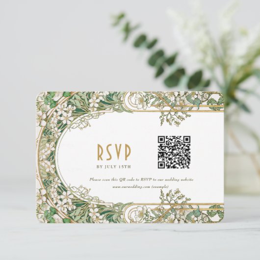 Elegante Art Nouveau Wedding RSVP Card mit QR Code Einladung (Stehend Vorderseite)