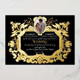Elegante Art Nouveau Winter Black n Gold Wedding Folieneinladung