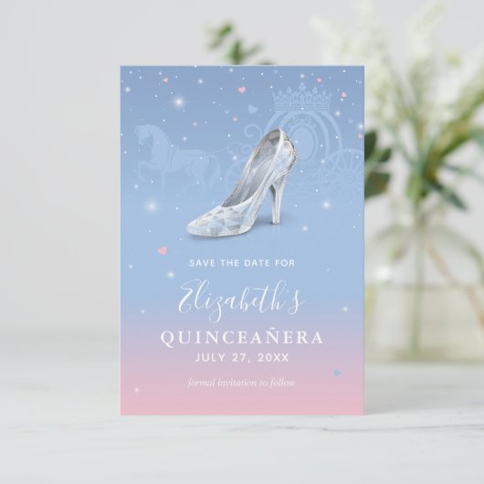 Elegante Aschenputtel Light Blue und Pink Quincean Save The Date (Stehend Vorderseite)