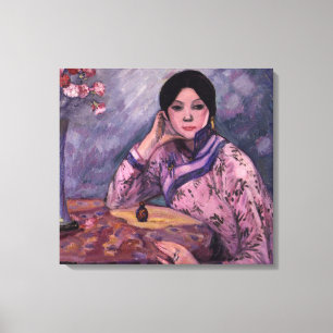 Elegante asiatische Dame mit Parfüm und Rosen Leinwanddruck