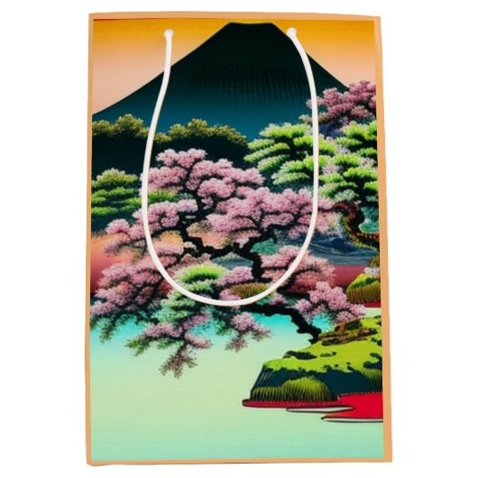 Elegante asiatische Landschaft Kirschblüten Mittlere Geschenktüte (Vorderseite)