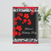 Elegante asiatische Rote Blume Schwarz Einladung (Stehend Vorderseite)