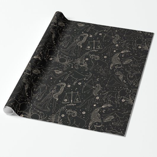 Elegante Astrologie Zodiac Black/Gold Geschenkpapier (Ungerollt)