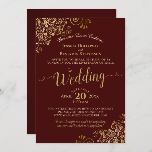 Elegante Auburn & Gold Virtual Wedding Livestream Einladung (Vorne/Hinten)