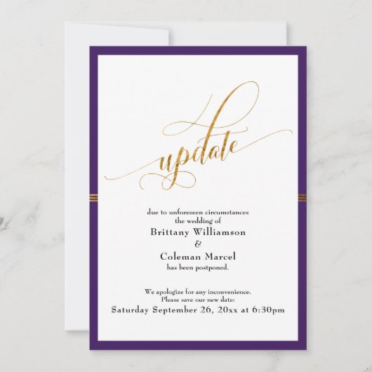 Elegante, aufgeschobene Hochzeit-Lila Goldstreifen Einladung (Vorderseite)