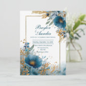 Elegante Azure Blooms & Gold Frame Wedding Einladung (Stehend Vorderseite)