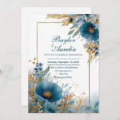 Elegante Azure Blooms & Gold Frame Wedding Einladung (Vorne/Hinten)