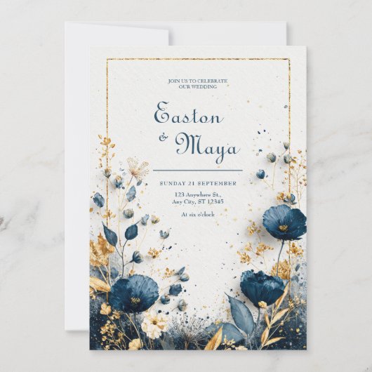 Elegante Azure Blooms Navy Gold Floral Wedding Einladung (Vorderseite)
