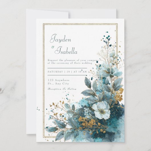 Elegante Azure Blooms Watercolor Wedding Einladung (Vorderseite)