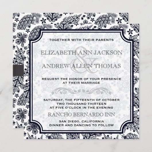 Elegante B & W Lacy Blätter Einladung Hochzeit (Vorne/Hinten)