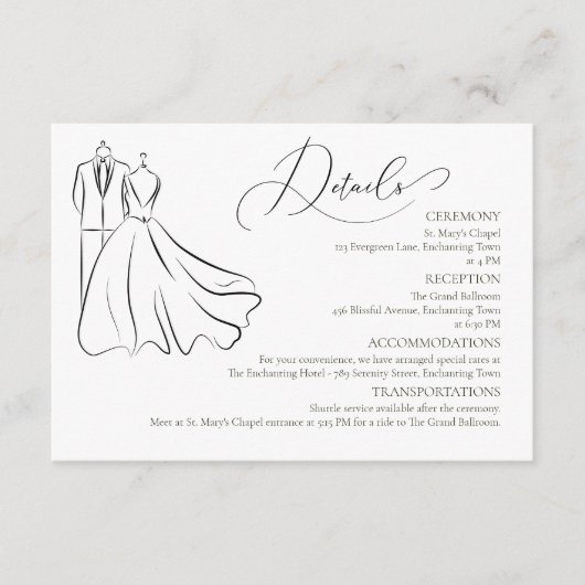 Elegante B&W Tux & Dress Formal Hochzeitsdetails Begleitkarte (Vorderseite)