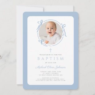 Elegante Baby-Blau-Bogen-Foto-Junge-Taufe Einladung