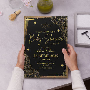 Elegante Baby-Dusche aus Gelb und Gold Foil Einladung