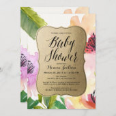 Elegante Baby-Duschen-Einladung des Blumen-Gold| Einladung (Vorne/Hinten)