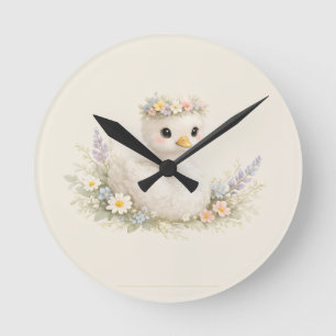 Elegante Baby-Schwan-Wildblumen-Aquarell-Papeterie Runde Wanduhr