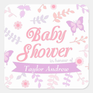 Elegante Baby-Shower-Party mit floralem Schmetterl Quadratischer Aufkleber
