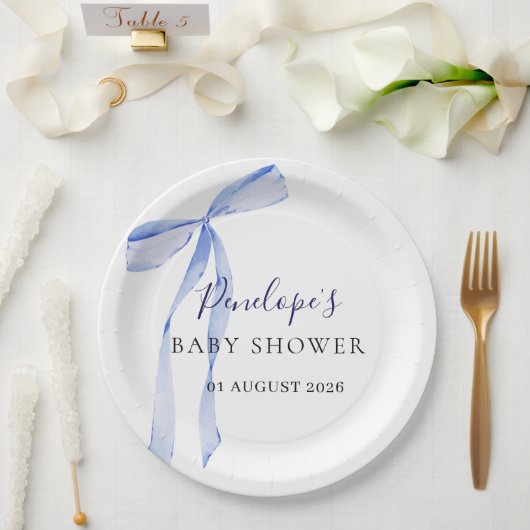 Elegante Baby Shower Teller mit blauer Schleife (Hochzeit)
