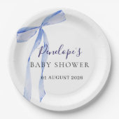 Elegante Baby Shower Teller mit blauer Schleife (Vorderseite)