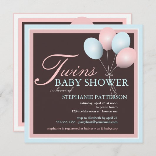 Elegante Babyballon Twins Kinderdusche Einladung (Vorne/Hinten)
