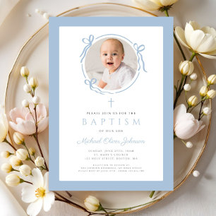 Elegante Babyblaue Schleife Foto-Taufe Einladung