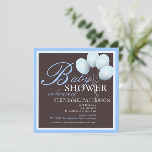 Elegante Babydusche Blauer Balloons Einladung (Stehend Vorderseite)
