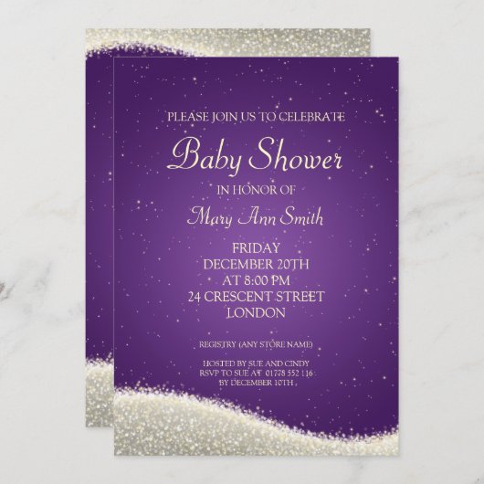 Elegante Babydusche Dazzling Glitzern Lila Einladung (Vorne/Hinten)